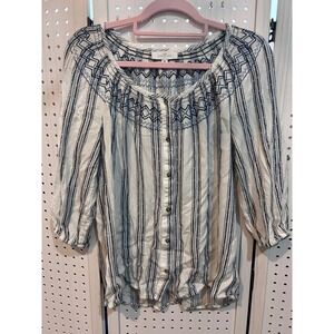 New Directions Viscose White Blue Striped Embroidered Blouse Top Size Medium